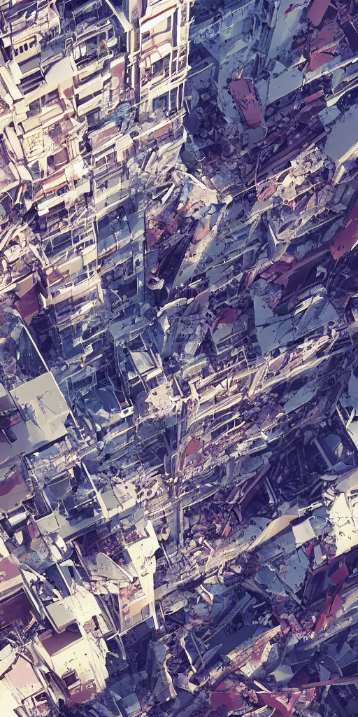 Prompt: Evangelion unit 01 pallete , zoom shot, telephoto lens, low aperture street level, buildings collapsed ,hyper-realistic, your name sky, evening, octane rendering , inspired by Katsuhiro Otomo, pixelactivist