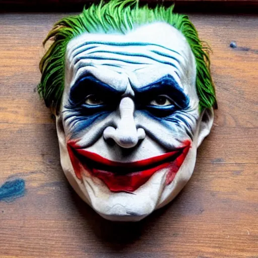 Prompt: The Joker carved in wood
