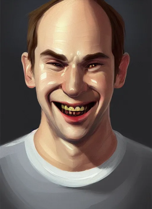 Prompt: portrait of a russian young man with a spoon on top of his nose, big grin, wrinkled eyes, wise forehead, big lips, round portruding chin, white background, youthful colours, thin sharp lines, digital painting, artstation, matte, sharp focus, illustration, realistic anime artstyle