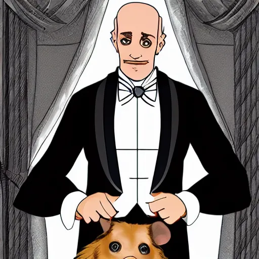 Prompt: older fantasy butler that looks similar to michael kane, full body portrait, handsome, 4 k, tarot card style, photo realistic, balding, well dressed, pet rat on shoulder