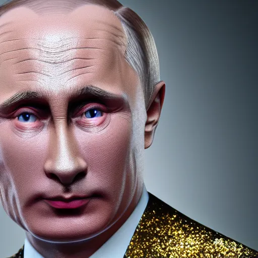 Image similar to Vladimir Putin with silver-violet hair, white eyes and golden glittery dress, wide lens, diorama, 4k,