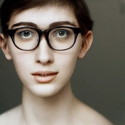 Prompt: a portrait photograph of a nerdy young woman with big glasses, dof, sharp focus, slight smile, highly detailed face, symmetric face, realistic iris, cinestill, exif, raw, photography by paolo roversi