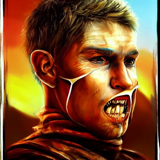 Image similar to realistic portrait painting w. ith hysterical bts member as mad max, made by michelangelo, physical painting, sharp focus, digital art, bright colors, fine art, trending on artstation, unreal engine.