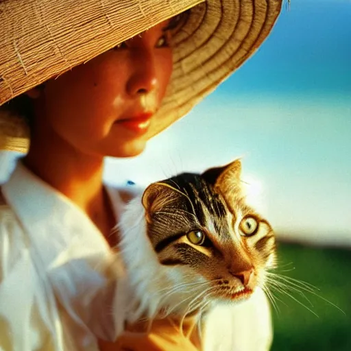 Image similar to A closeup film photography of a cat wearing vietnamese straw hat, photo bySlim Aarons, award winning, 4K