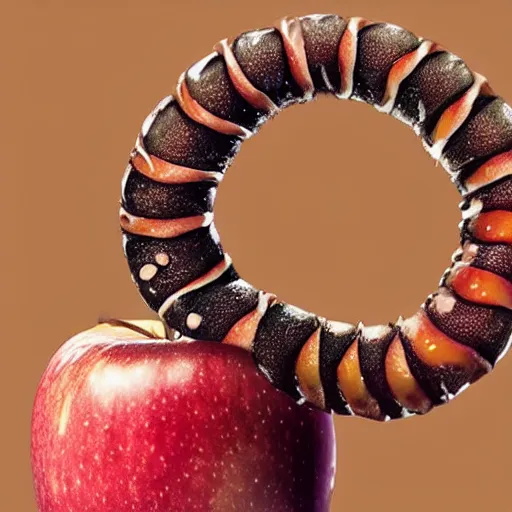 Image similar to a worm crawling out of an apple, epic, cinematic