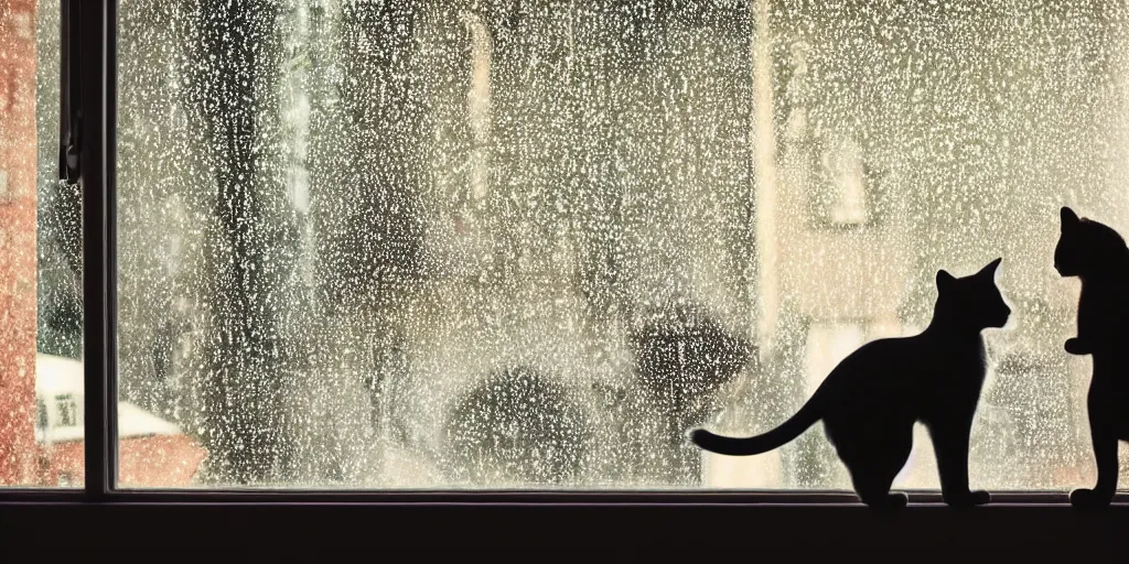 Prompt: silhouette of a girl and her cat, looking out a window on a rainy day, inside a cozy apartment, with a city view. atmospheric, moody, cozy, rainy day, backlit, multiple colors