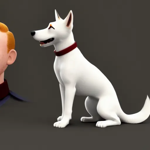 Image similar to tintin and his white fox terrier, depicted as a pixar character, high quality cg render, 8 k