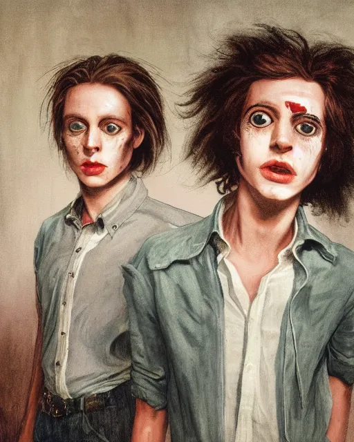 Prompt: two handsome but creepy young nonbinary people wearing oxford button down shirts in layers of fear, with haunted eyes and wild hair, 1 9 7 0 s, seventies, wallpaper, a little blood, moonlight showing injuries, delicate embellishments, painterly, offset printing technique, by john howe, brom, robert henri, walter popp