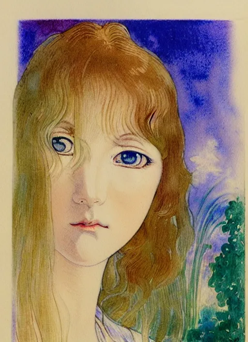 Prompt: vintage 7 0 s anime watercolor, a portrait of a man enshrouded in an impressionist watercolor, representation of mother nature and the meaning of life in the background by william holman hunt, art by cicley mary barker, thick impressionist watercolor brush strokes, portrait painting by daniel garber, minimalist simple pen and watercolor
