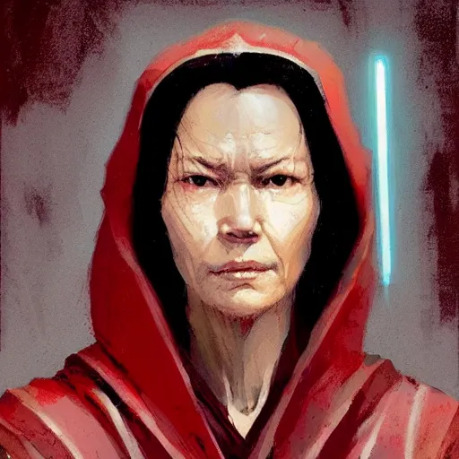 Image similar to portrait of a woman by greg rutkowski, jedi queen, half asian, black bob hair, star wars expanded universe, she is about 5 0 years old, wearing jedi red robes.