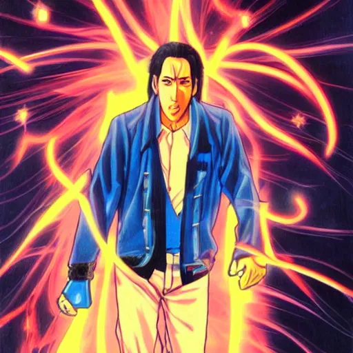 Image similar to beautiful amazing anime portrait painting of nicholas cage in tokyo. neon lights. by hayao miyazaki, katsuhiro otomo, akira toriyama, satoshi kon, eiichiro oda, hideaki anno