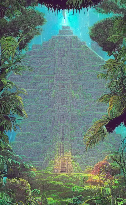 Prompt: a mayan temple, microscopic tardigrade, microbiology, magical forest, ruins, civilization, vegetation, futuristic, sharp focus, electric swirls, backlight, risograph, intricate details, disney pixar, james gilleard, moebius, print, iridescent, global illumination, anime, game art
