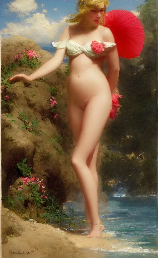 Image similar to donald trump as a beautiful girl at the summer beach by raphael lacoste and pierre auguste cot and delphin enjolras and daniel f. gerhartz