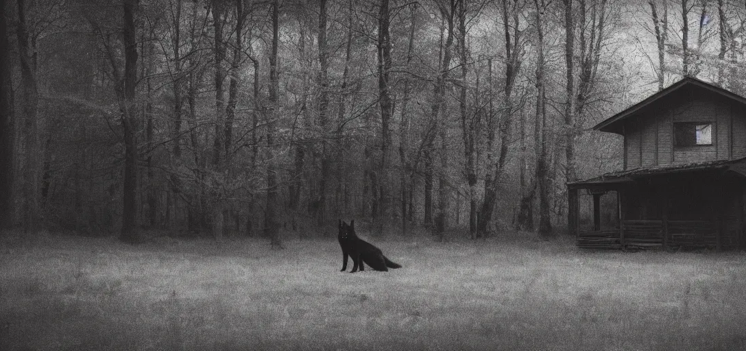 Prompt: house in the wood, black wolf guarding, pinhole analogue photo quality, monochrome, blur, unfocus, cinematic, 35mm