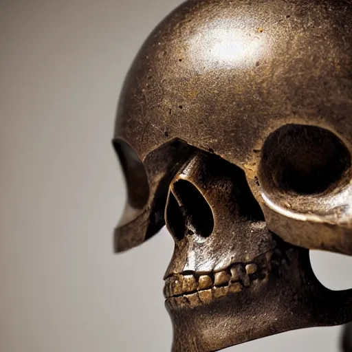 Image similar to old bronze skull wearing a samurai helmet, professional photo shot, depth of field, intricate details