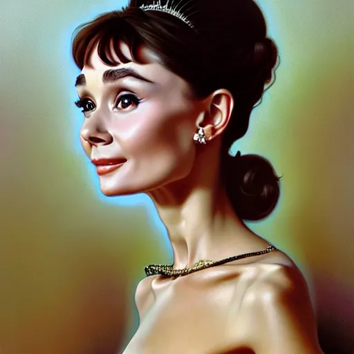 Prompt: audrey hepburn portrait, full of grace, very detailed and realistic oil painting, by artgerm and greg rutkowski and alphonse mucha