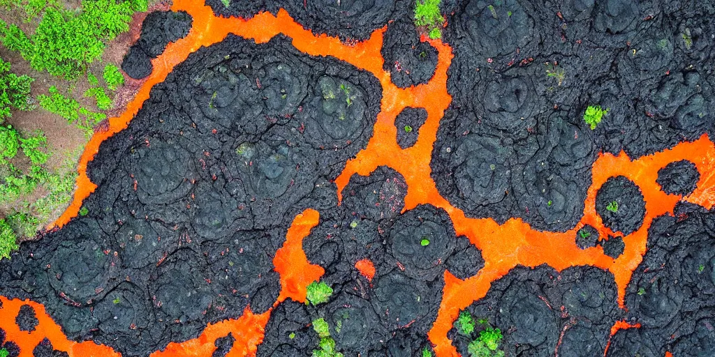 Prompt: old black volcanic lava meets the new bright orange lava on the edge, bright green fern leaves growing through the lava, aerial photo