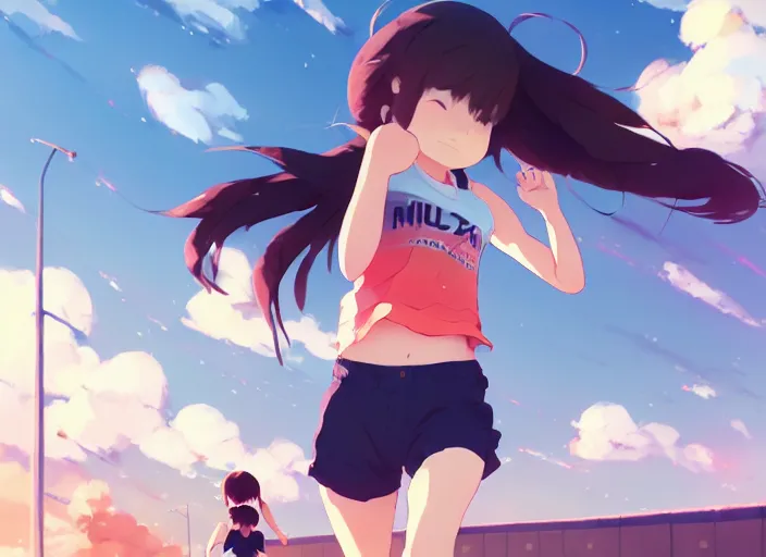 Image similar to cute runner girl, smoky sunny sky background stadium landscape illustration concept art anime key visual trending pixiv fanbox by wlop and greg rutkowski and makoto shinkai and studio ghibli and kyoto animation sports clothing marathon running shoes