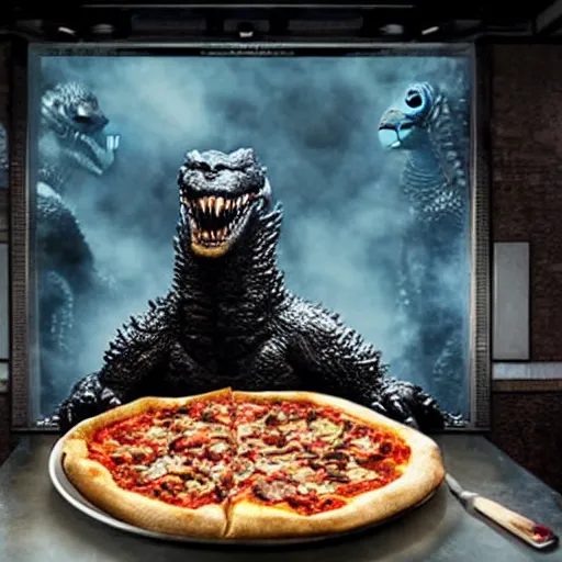 Prompt: godzilla eating pizza in a torture chamber,