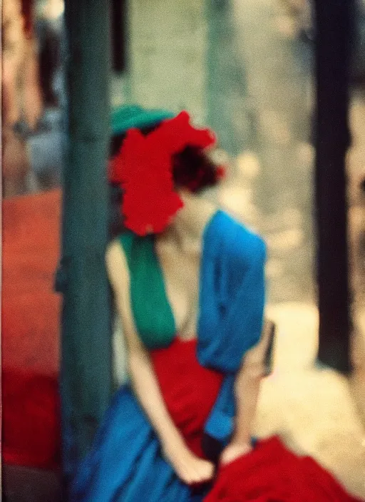 Prompt: out of focus, head to shoulders woman, photography by saul leiter and ernst haas in a decorated pompeii peristylium, tea green, airforce blue, red, pale skin, closed eyes