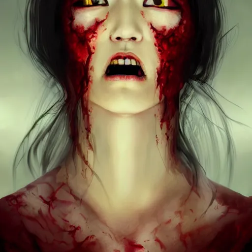 Prompt: portrait of burning asian woman, fire, blood red eyes, open mouth, vampire fangs, fantasy, intricate, elegant, highly detailed, digital painting, artstation, concept art, matte, sharp focus, illustration, octane render, unreal engine, art by aenaluck and roberto ferri and greg rutkowski, epic fantasy, digital painting