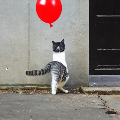 Prompt: a cat trying to catch a balloon on concrete, by banksy