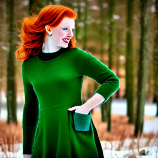 Image similar to redhead women in a green dress, with pockets, photorealistic, winter scenario