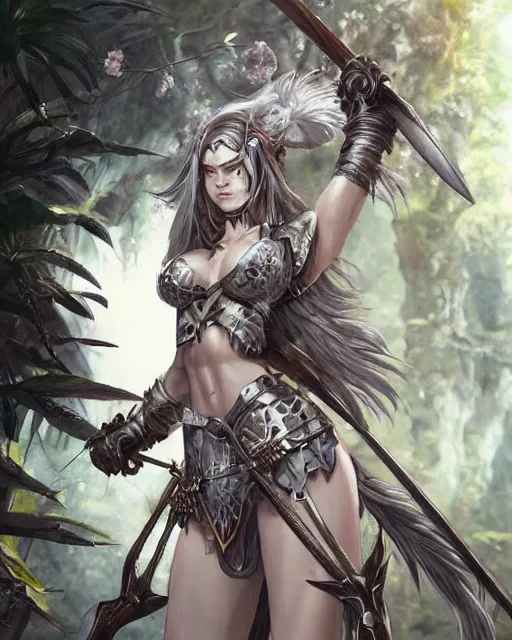 Prompt: digital art of a warrior woman in a jungle wearing silver medieval knights armor, character art, by wlop, by yoshitaka amano, detailed body and face, beautiful face, anime style, 4 k, dnd