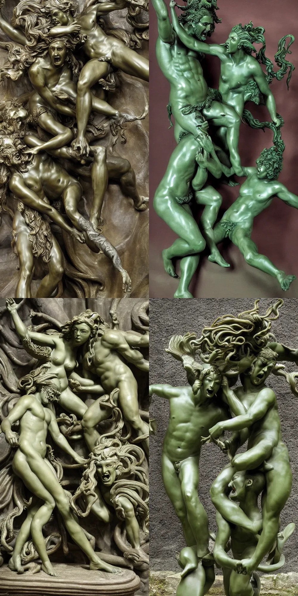 Prompt: full body bronze sculpture of medusa and perseus shouting at each other, renaissance style, medusa in a green dress, sharp facial features, angry, professional photography, dynamic and dominating