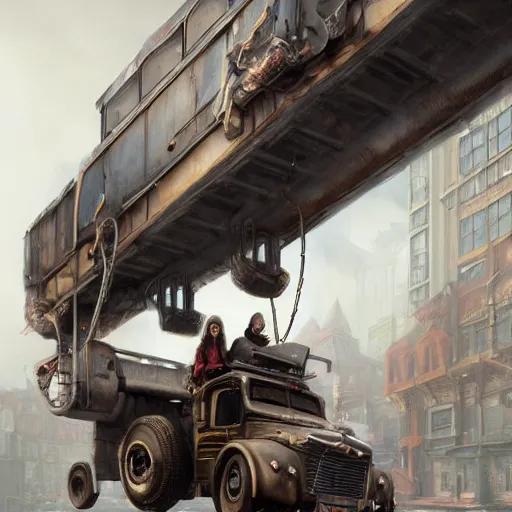 Prompt: a highly detailed epic cinematic concept art CG render digital painting artwork: the back of a steampunk truck in motion. girl in grey hoodie holds onto the back door of the truck. By Greg Rutkowski, Ilya Kuvshinov, WLOP, Stanley Artgerm Lau, Ruan Jia and Fenghua Zhong, trending on ArtStation, made in Maya, Blender and Photoshop, octane render, excellent composition, cinematic atmosphere, dynamic dramatic cinematic lighting, aesthetic, very inspirational, arthouse