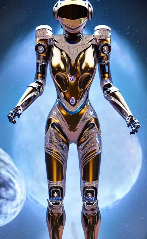 Prompt: ornate beautiful hourglass feminine diamond cyborg in full body skin space suit, helmet, concept art, joshua rife, photoshoot, intricate, highlydetailed, space background, artstation 4 k raytracing, shadows, highlights, illumination