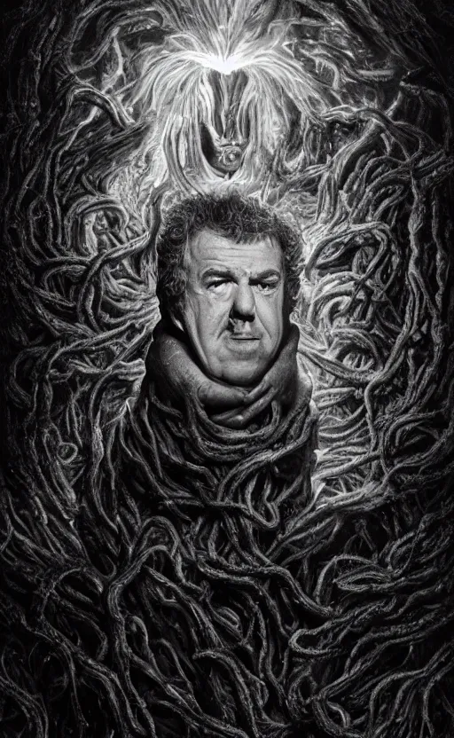 Prompt: lovecraftian portrait of jeremy clarkson, surrounded by beams of light dark background by wayne barlow, stanley donwood, anton semenov, zdzislaw bekinski, hr giger, 8 k, fantasy, dark, highly detailed