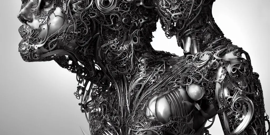 Image similar to hyper realistic photography of a stunningly beautiful cyborg female, plated arm, intimate, chest, holding close, ribbons, in the style of beth cavener, jin kagetsu,, and wlop, highly detailed, intricate filigree, symmetry, masterpiece, award winning, sharp focus, concept art, highkey lighting, ambient lighting, octane render, 8 k, artstation