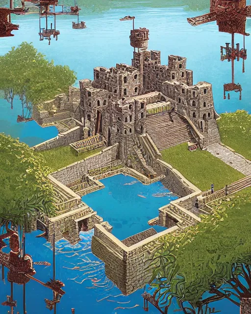 Prompt: a fortified aztec castle surrounded by water, water duct, digital art, illustrated by james gurney and victo ngai