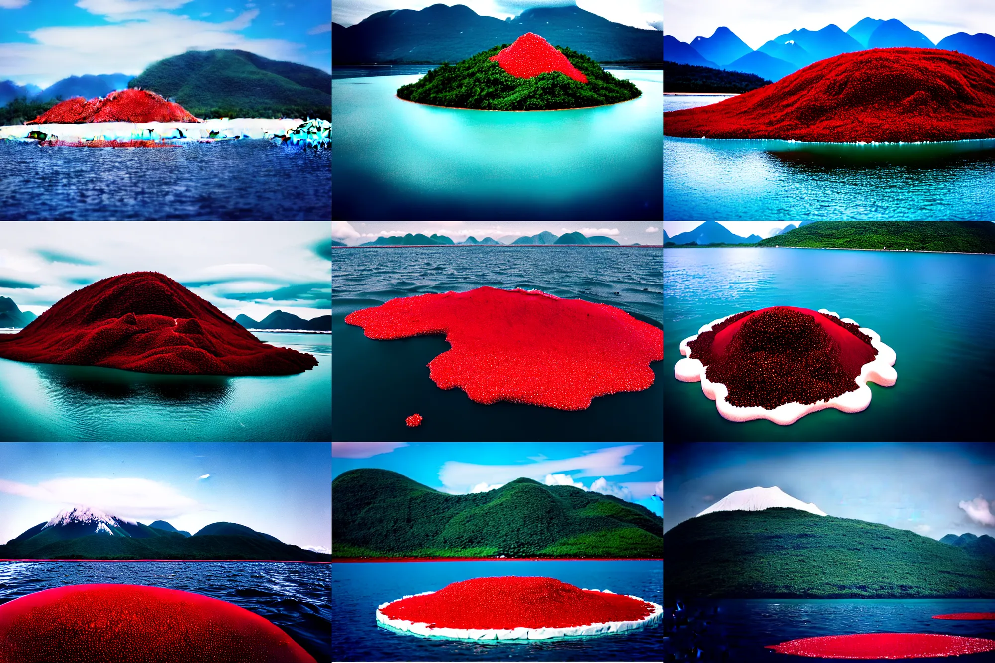 Prompt: an island made of red caviar, in the center of the island there are mountains made of white ice cream, the water around this island is made of coca - cola ( dark brown water ), the photo was taken from a boat, 3 5 mm, cinematic