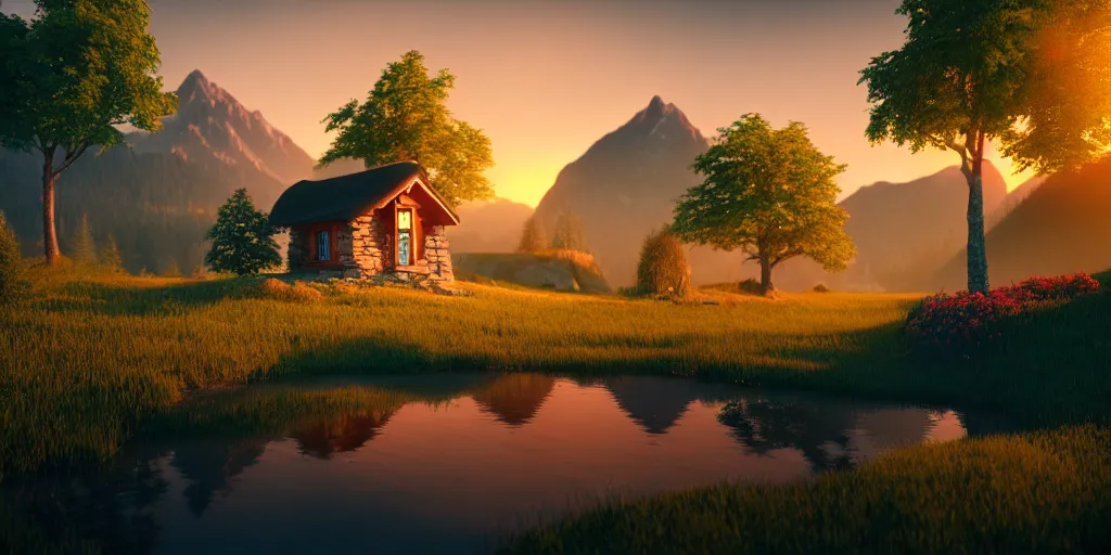 Image similar to a beautiful fantasy landscape, mountain in background, little cottage, small pond, some trees in the corner, sunrise, hyper realism, octane render, art by philipp urlich