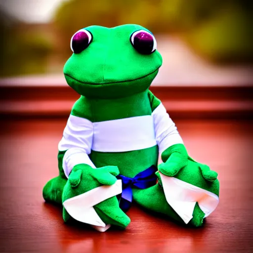 Image similar to stuffed animal frog wearing a sailor suit, plushie photography,