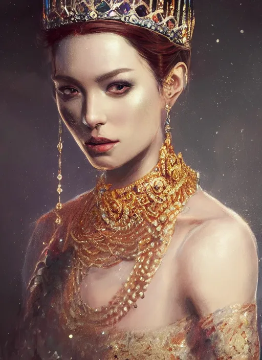 Prompt: A fancy portrait of a beautiful queen covered in jewelry by Greg Rutkowski, Sung Choi, Mitchell Mohrhauser, Maciej Kuciara, Johnson Ting, Maxim Verehin, Peter Konig, Bloodborne, 8k photorealistic, cinematic lighting, HD, high details, dramatic, atmospheric , trending on artstation