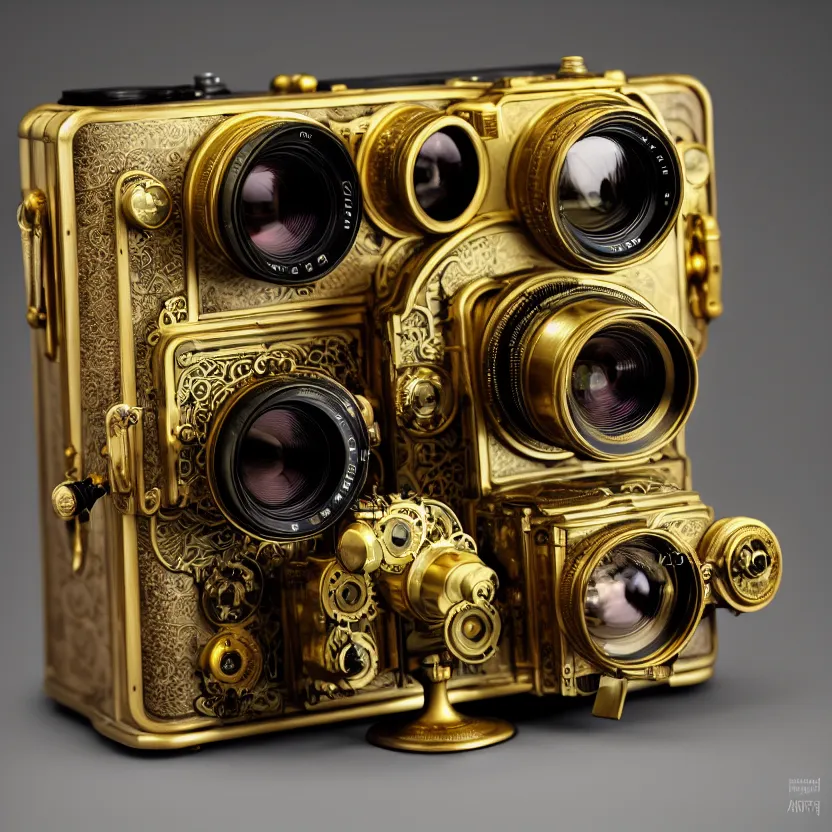 Prompt: photograph of a very very beautiful steampunk medium format camera with a brass lens!! designed by apple. plain grey background. centered. highly detailed. gold. artstation, concept art, symmetry, smooth, shallow focus, art and john singer sargent and and mucha by theodore ralli and nasreddine dinet and anders zorn and nikolay makovsky and edwin long