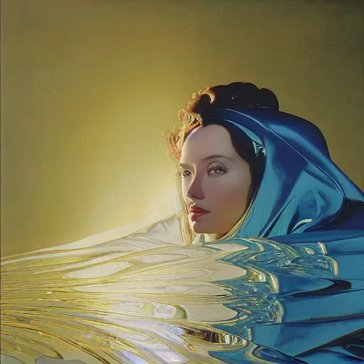 Image similar to a chrome woman's face in flowing sheets of cobalt blue gold chrome silver satin mirror foil, by moebius syd mead roger dean wojciech siudmak donato giancola yoshitaka amano michael cheval ivan aivazovsky jan de heem pieter claesz paul delaroche alma tadema aelbert cuyp, hyperrealistic volumetric light render