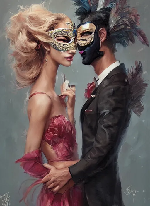 Image similar to a beautiful couple, a man and a woman, wearing elaborate masquerade masks and matching clothing, looking at each other with an alluring expression. painting by artgerm and greg rutkowski and magali villanueve