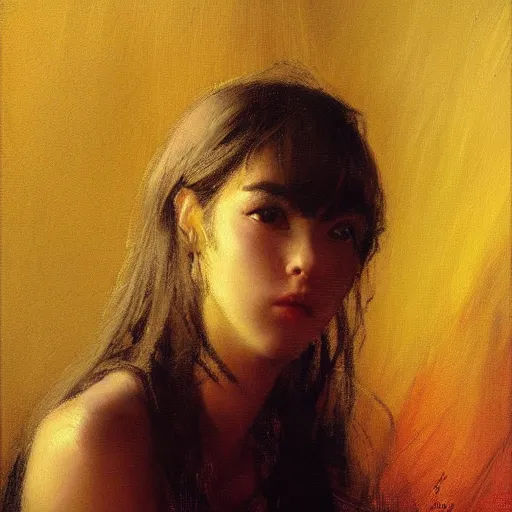 Prompt: a good fashion model studio backlit portrait of sombre anime girl, painting by gaston bussiere, craig mullins, andy warhol