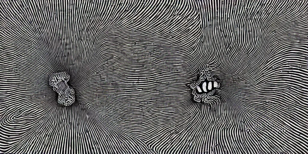 Prompt: a black and white drawing of a brain screaming at a loaded pistol, an album cover by Victor Vasarely, behance contest winner, screaming brain, op art, datamosh brain and pistol, psychedelic, parallax