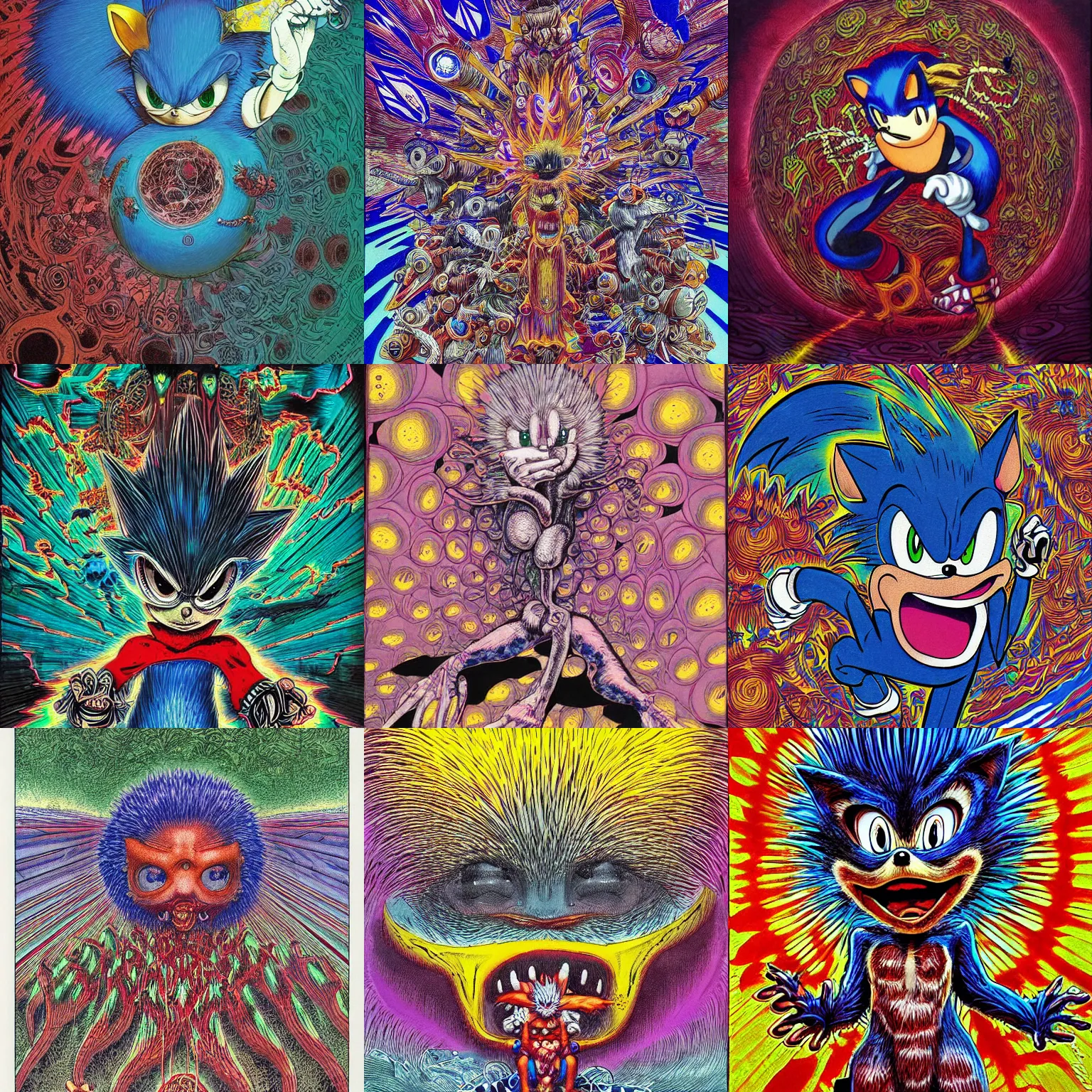 Prompt: sonic the hedgehog as a Conjuring Psychedelic Illustration of sonic the hedgehog, by Shintaro Kago, Kentaro Miura, grotesque, rich deep colors. Beksinski painting, art by Takato Yamamoto. masterpiece