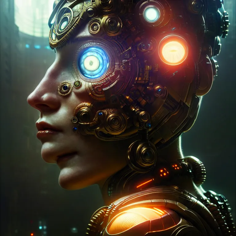 Image similar to ultra realistic beautiful cyborg deity eyes closed, scifi, cyberpunk, fantasy, intricate details, movie still, highly detailed, photorealistic, octane render, eerie, 8k, art by artgerm and alphonse mucha and greg rutkowski