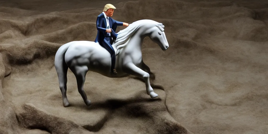 Prompt: Donald Trump riding a white horse, wide lens, diorama, 4k,