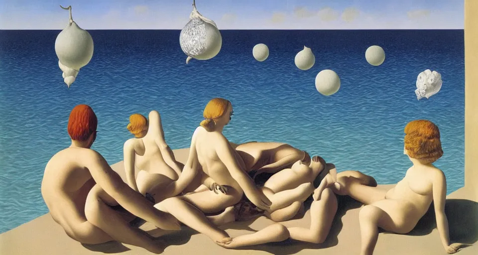Prompt: a surreal painting by rene magritte, dorothea tanning, titled'holiday at the beach'