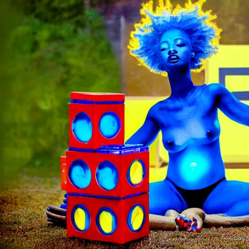 Image similar to cinematic photo of a beautiful dark blue skinned axolotl woman lit with saturated split colour yellow and red lighting playing giant jenga on the lawn