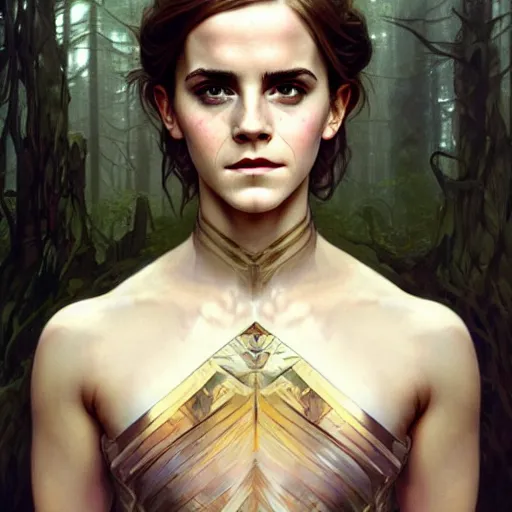 Image similar to emma watson robotic portrait of forest gog, male, clear face, symetrical, masculine, full body, muscular, fantasy, intricate, elegant, highly detailed, digital painting, artstation, concept art, matte, sharp focus, illustration, art by artgerm and greg rutkowski and alphonse mucha