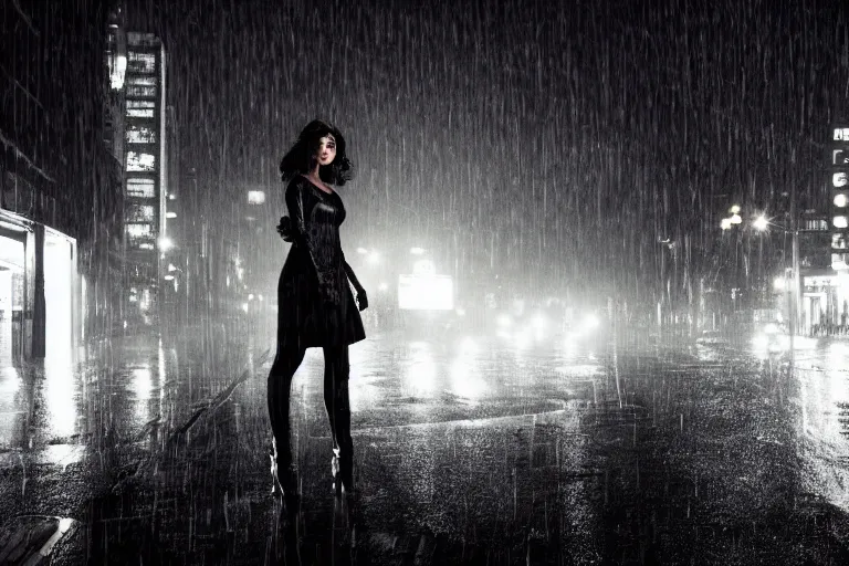 Prompt: vfx woman black super hero photo real, city street night lighting, rain and fog by Emmanuel Lubezki